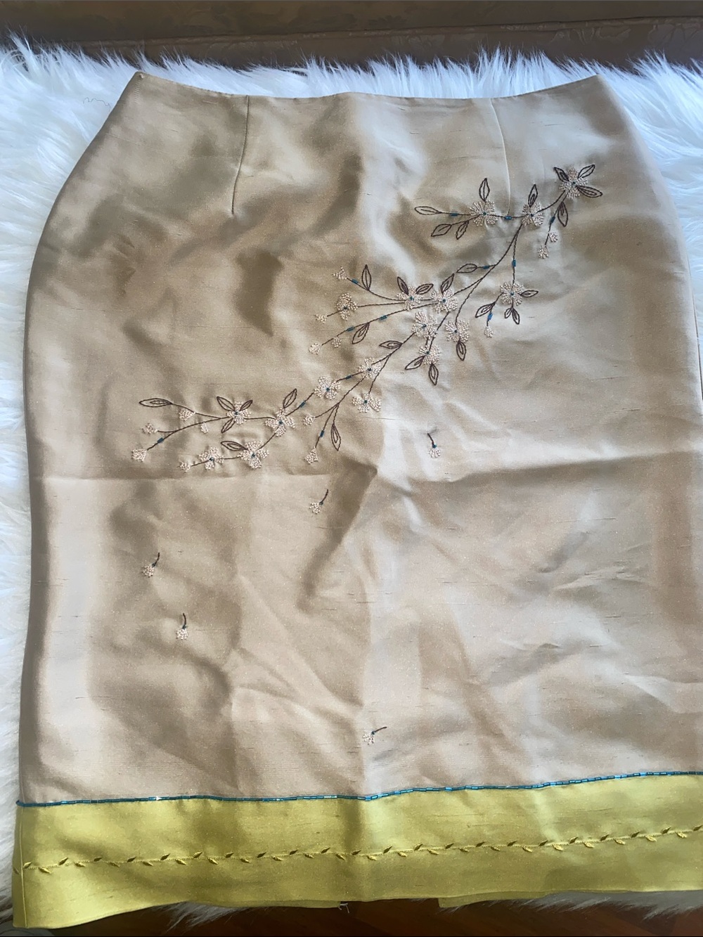 Ann Taylor Cream Pencil Skirt with Yellow Trim and Embroidery